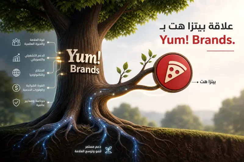 شجرة عائلة مفاهيمية تظهر Yum! Brands كجذع يدعم فرع بيتزا هت، مع خطوط اتصال رقمية.
