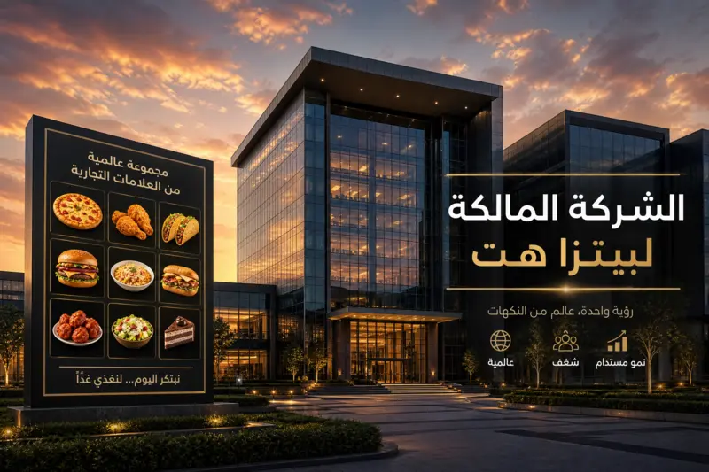 مبنى شركة حديث يمثل Yum! Brands مع أيقونات طعام متنوعة ترمز لعلاماتها التجارية.