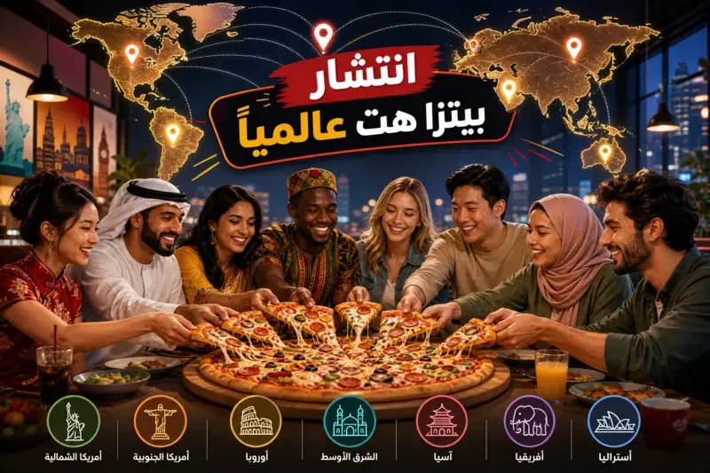 خريطة عالمية توضح انتشار مطاعم بيتزا هت في مختلف القارات مع أشخاص من ثقافات متنوعة يتناولون البيتزا.