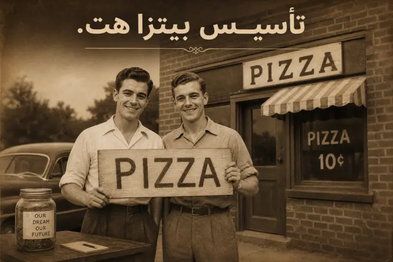 الشقيقان دان وفرانك كارني أمام أول مطعم بيتزا هت في الخمسينات.