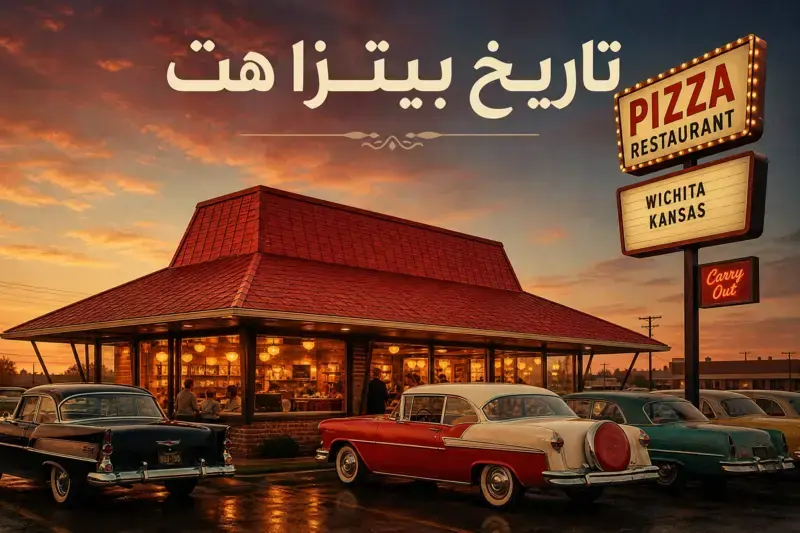 مطعم بيتزا هت كلاسيكي من الخمسينات في ويتشيتا، كانساس، مع سيارات عتيقة.