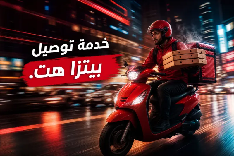 عامل توصيل بيتزا على دراجة نارية حمراء يسرع في شارع مدينة ليلاً، مع صناديق بيتزا ساخنة.